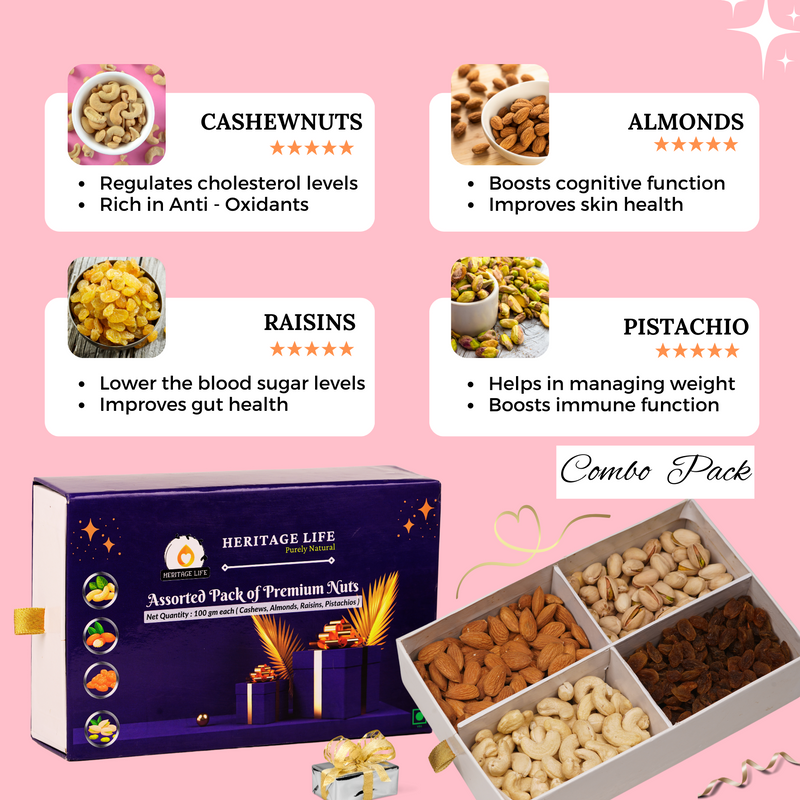 Assorted Pack of Premium Quality Nuts - 100 gm each - A Product from Heritage Life
